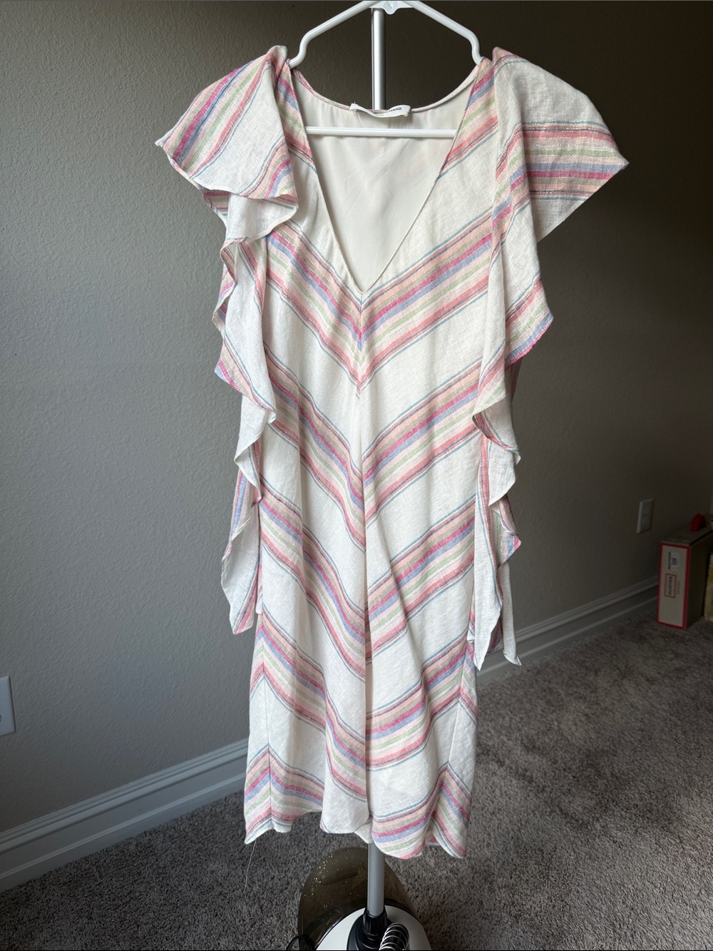 Amanda Uprichard Linen Midi Dress with Pastel Stripe Ruffles